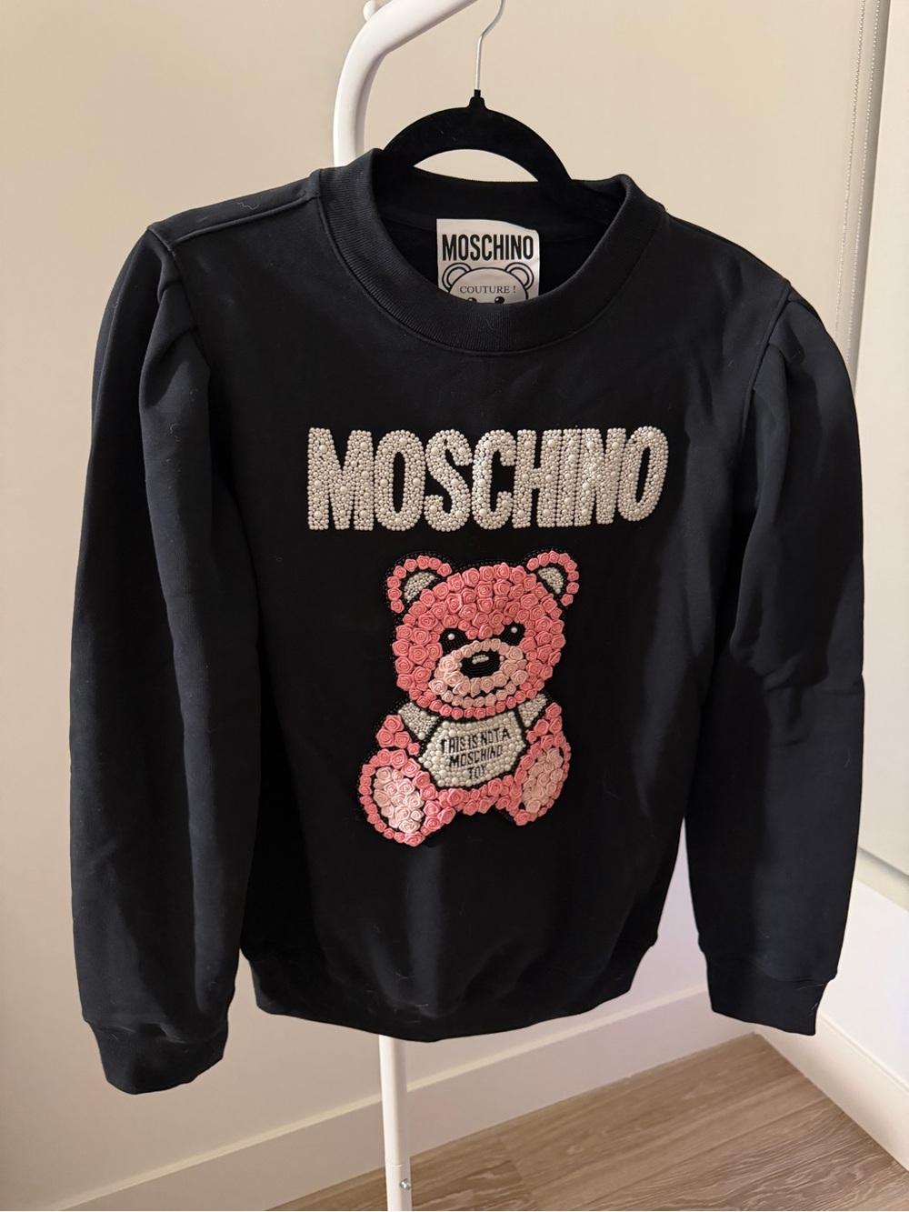 Moschino Black Sweatshirt with Pink Teddy and Crystal Logo
